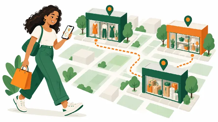 Pessoa caminhando pelo Alecrim com o celular, seguindo o roteiro entre três lojas